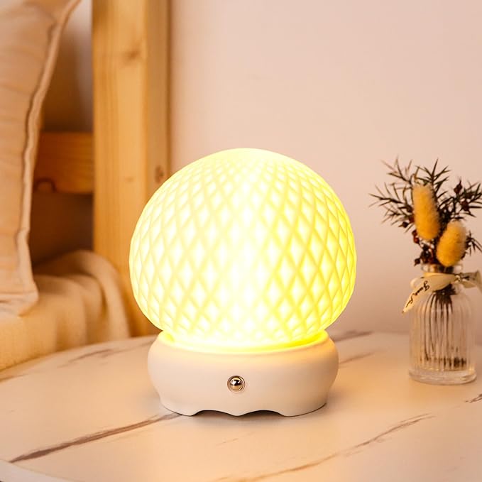 JHY DESIGN Ceramic Spherical Decorative lamp 6" H Rechargeable Table Lamp Dimmable Touch Control Desk lamp for Home Bedroom Living Room Outdoors(Diamond Pattern)