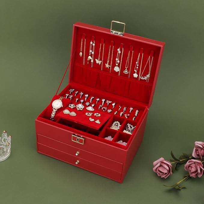 DesignSter Jewelry Box,Jewelry Organizer with 2 Drawers, 3 Layers Leather Jewelry Storage Box with Lock, Jewelry Storage Case for Necklaces Earrings Bracelets and Rings（Red）