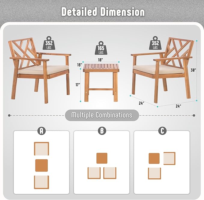 3 Piece Outdoor Patio Furniture Set, Wooden Conversation Patio Set with Padded Cushion Chairs and Coffee Table, Acacia Wood Lounge Conversation Set for Porch Balcony Deck Backyard