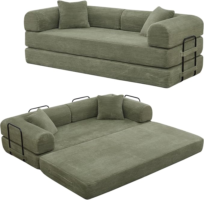 Rovibek 4-in-1 Convertible Sleeper Sofa Bed Queen Size, Foldable Floor Couch Corduroy, Folding Futon Sofa Beds with Pillow and Fixed-Shape Frame, Suitable for Living Room, Bedroom, Lounge, Light Green