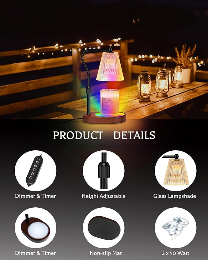 Candle Warmer Lamp with 7 LED Colors Lamp,Candle Warmer with Timer Dimmer Adjustable Height,Christmas Gift for Women Mom,Birthday Gifts for Women Mom
