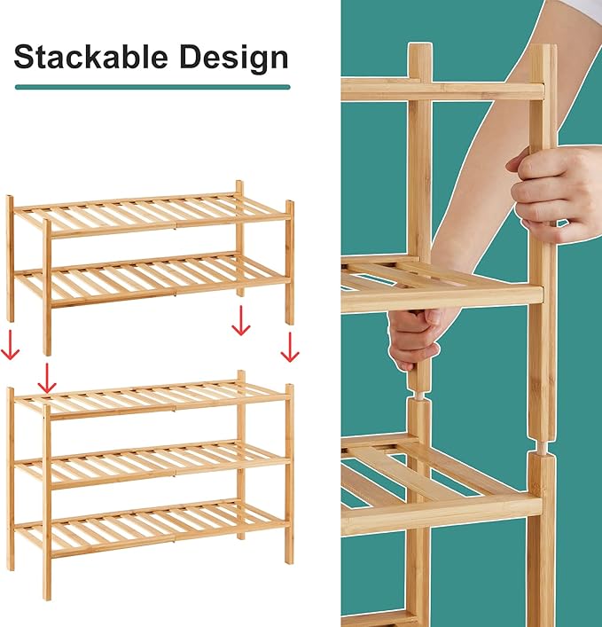 5-Tier Bamboo Shoe Rack for Entryway, Stackable | Foldable | Natural, Shoe Organizer for Hallway Closet, Standing Shoe Racks for Indoor Outdoor
