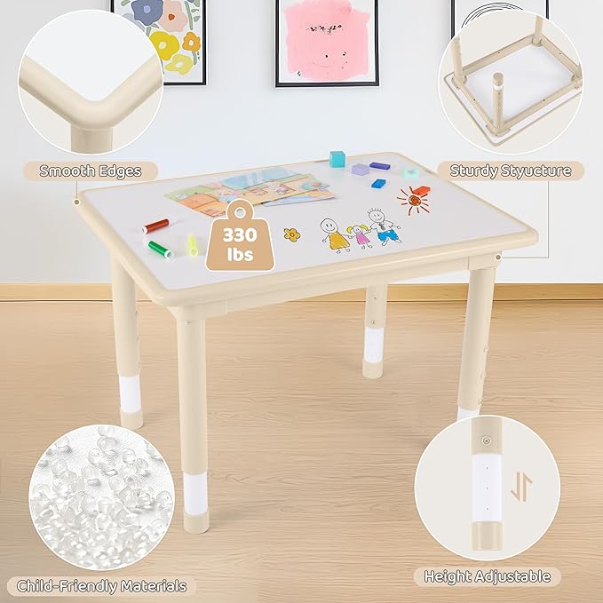 Kids Table and 4 Chairs Set, Height Adjustable (17.7"-26.1") Toddler Table and Chair Set, Multi-Activity Table with Graffiti Desktop, Children’s Table and Chairs for Classroom, Home & Daycare