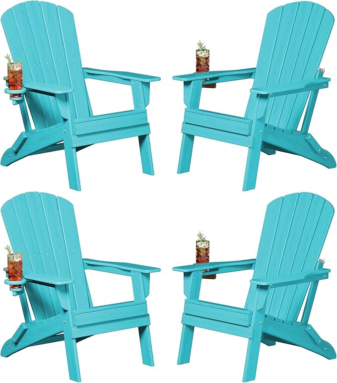 Plawdlik Folding Adirondack Chair, SGS Tested, Wooden Textured with Cup Holder, Heavy All-Weather HDPE Comfortable Set Poolside Backyard Lawn Aruba Blue Set 4