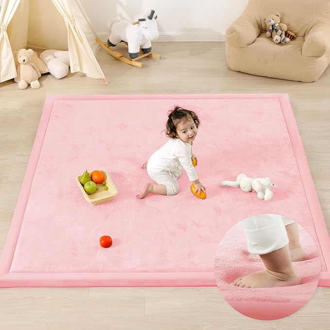 1.3" Thick Baby Play Mat for Floor, 79x79 Large Foam Tummy Time Mat, Padded Support Soft Plush Nursery Rug for Infant Kids Toddler Crawling Kick Activity (Pink)