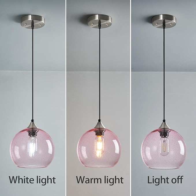 Pink Glass Pendant Lights Kitchen Island Lighting Globe Pendant Light Fixtures Modern Pendant Lighting for Bedroom Living Dining Room Light Fixture (7.87 in, 3 Pack)