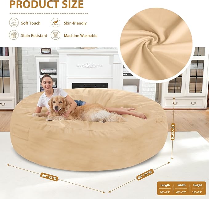 7FT Bean Bag Chair, Large Bean Bag Chairs with Memory Foam Filled, Fluffy Beanbag Sofa with Dutch Velvet Cover, Round BeanBag Chairs for Living Room, Playroom - Khaki