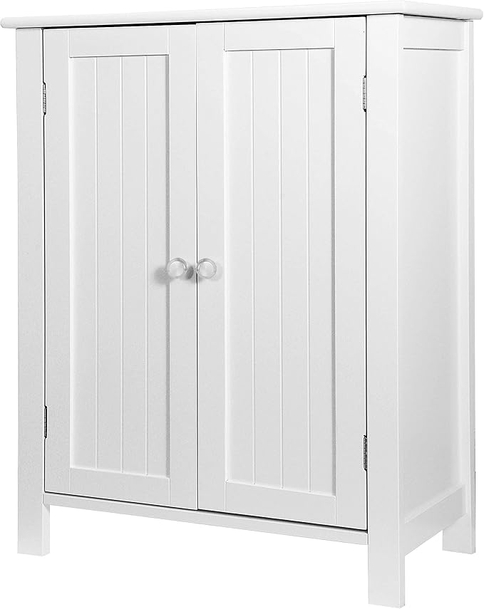 ZENY Bathroom Floor Storage Cabinet with Double Door + Adjustable Shelf, Wooden Organizer Cabinet for Living Room, Bathroom, Bedroom, Modern Home Furniture (White)