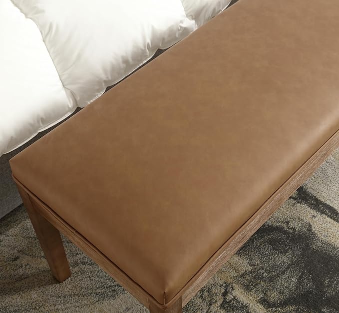 PU Leather Dining Bench Upholstered Entryway Bench Farmhouse Shoe Bench Seat Ottoman for Hallway Living Room Bedroom End of Bed Dining Room Kitchen, 45.5" Long, Brown