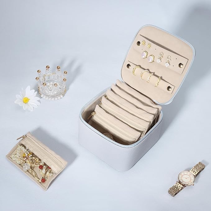 DesignSter Small Jewelry Box, Travel Small Jewelry Organizer with Earring Tray and Ring Holder, Square Travel Jewelry Storage Case with 6 Velvet Jewelry Pouches, Blue Gray