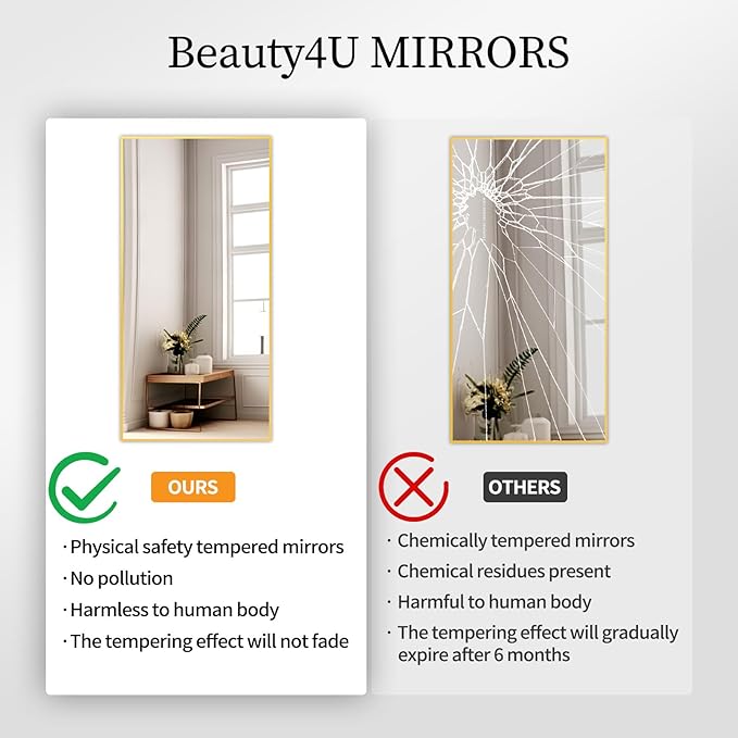 Beauty4U 71" x 32" Large Full Length Mirror with Stand, Gold Wall Mounting Full Body Mirror, Metal Frame Full-Length Tempered Mirror for Living Room, Bedroom