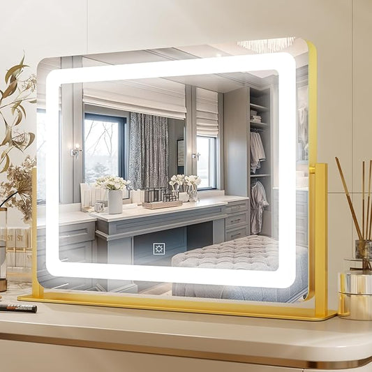 PRIMETEK Vanity Mirror with Lights, 22"x19" Large Makeup Mirror with Lights, Hollywood LED Lighted Makeup Mirror, Touch Sensor with 3-Color Lighting, Dimmable for Vanity Desk Tabletop, Bedroom, Gold
