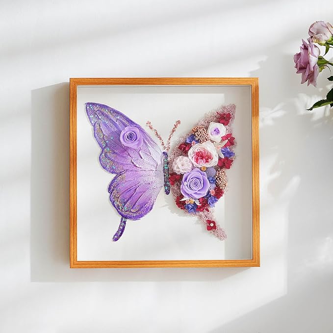 Handmade Butterfly Wall Art with Preserved Roses, 12x12 Shadow Box Frame Gifts, Unique Birthday & Anniversary Present for Women Mom Wife Girlfriend Daughter