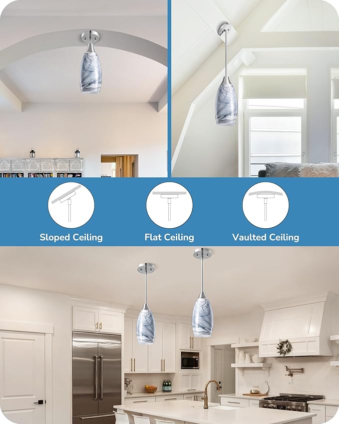 EDISHINE Pendant Light Fixture, Handcrafted Art Glass Hanging Light, Hardwired Ceiling Light, Grey Marble Glass Shade, Adjustable Brushed Nickel Rods, E26 Base, Pendant Lamp for Kitchen Island, Bar