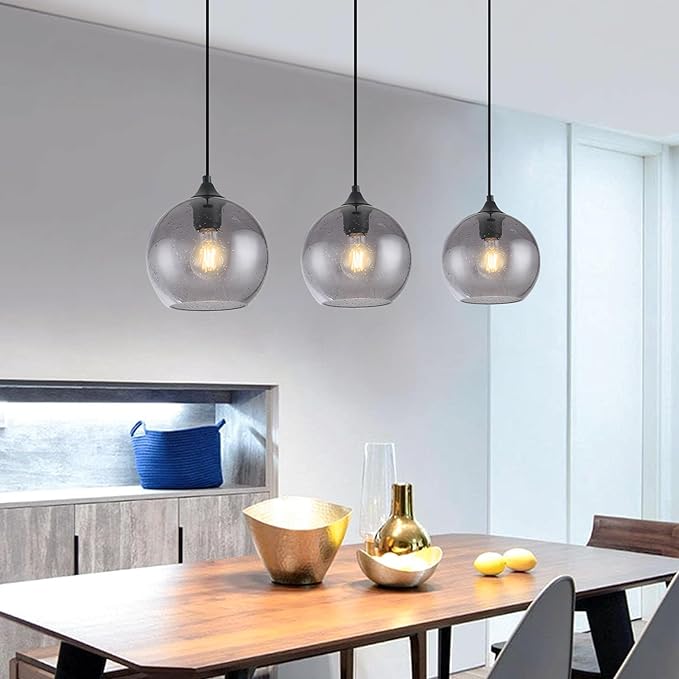 Gray Glass Pendant Lights Kitchen Island Lighting Globe Pendant Light Fixtures Modern Pendant Lighting for Kitchen Island Bedroom Living Dining Room Light Fixture-9.8in