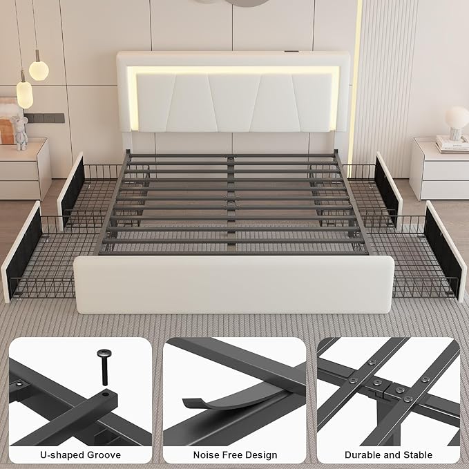 Queen Size Bed Frame with 4 Storage Drawers and LED Lights, Upholstered Platform Bed with Adjustable Headboard and Charging Station, Metal Slats Support, No Box Spring Needed,Easy Assembly, White