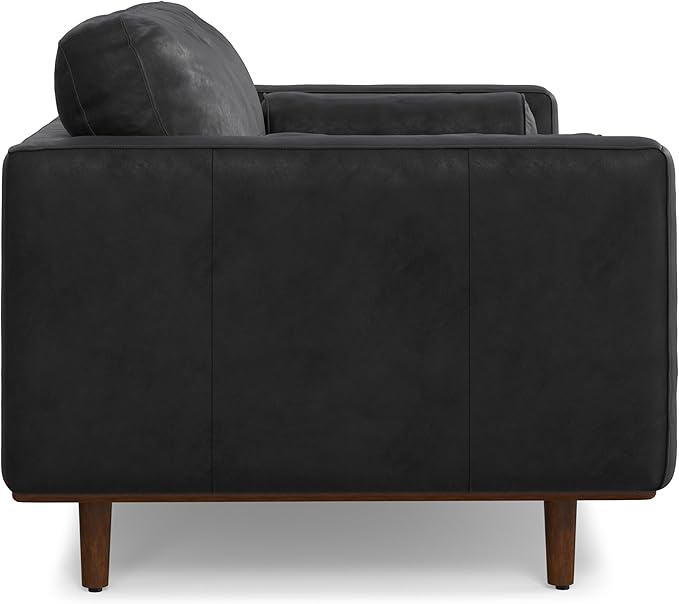 SIMPLIHOME Morrison 72-inch Wide Sofa in Lead Black Genuine Leather, Mid-Century Modern-Style Loveseat for Living Room, Single Bench Cushion, Removable Back Cushions, 2 Bolster Pillows