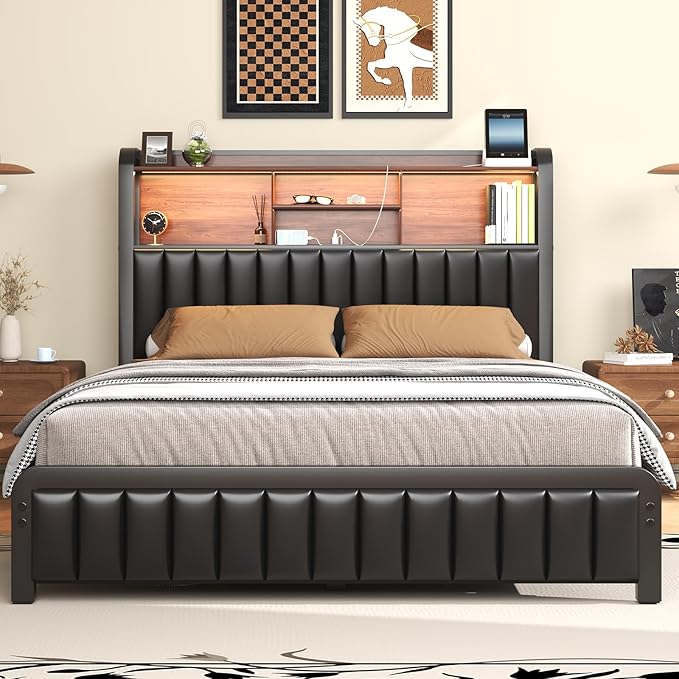 Queen Bed Frame 54.3" Tall with 3-Tier Storage Headboard and Charging Station, Metal Platform Bed Frame with LED Lights and PU Leather, Noise-Free, Metal Support, No Box Spring Needed, Black