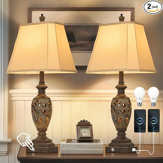 29.5"H Touch Traditional Table Lamp Set of 2,Vintage Bedside Nightstand Lamps with Dual USB and Night Light, 3-Color Hollow Out Leafwork Bronze Gold Finish Desk Lamps for Living Room,Bedroom