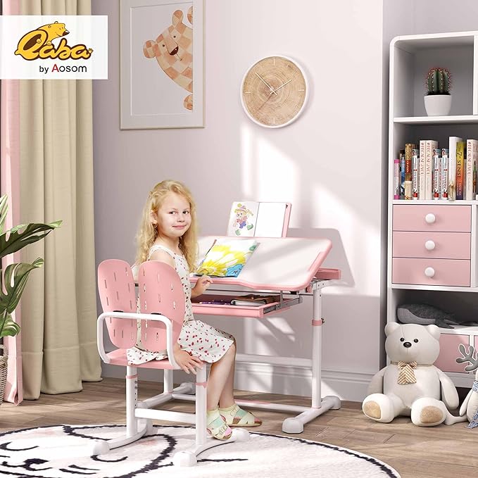 Qaba Kids Desk and Chair Set, Height Adjustable Kids School Study Desk and Chair Set with Tilt Desktop, Storage Drawer & Book Stand for Writing, Reading and Drawing, Pink