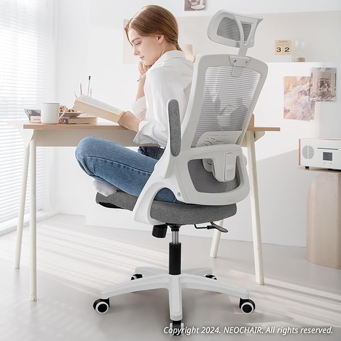 NEO CHAIR Ergonomic Office Desk Chair High Back Computer Gaming Mesh Chair with Comfy Task Adjustable Arms Lumbar Support Headrest Swivel for Home Office (Grey)