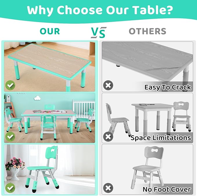 Arlopu Kids Table and 4 Chair Set, Height Adjustable Toddler Table and Chair Set, Non-Slip Legs, Graffiti Desktop, Large Children Activity Table, Reading Daycare Classroom Home (Light Green)