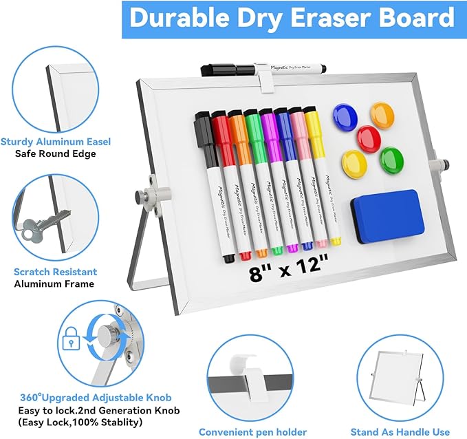 Dry Erase White Board, Cazeyoo Magnetic Desktop Whiteboard 8 x 12inch with Stand, 8 Markers, 4 Magnets and 1 Eraser, Portable Double-Sided White Board for Kids Drawing, Office, Home, School