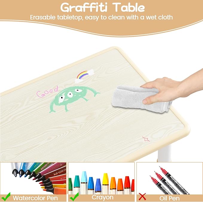 Kids Table and Chair Set, Height Adjustable Toddler Table and 4 Chairs Set for Ages 2-10, Graffiti Desktop, Non-Slip Legs, Arts & Crafts Table, Children Activity Table for Daycare Classroom Home