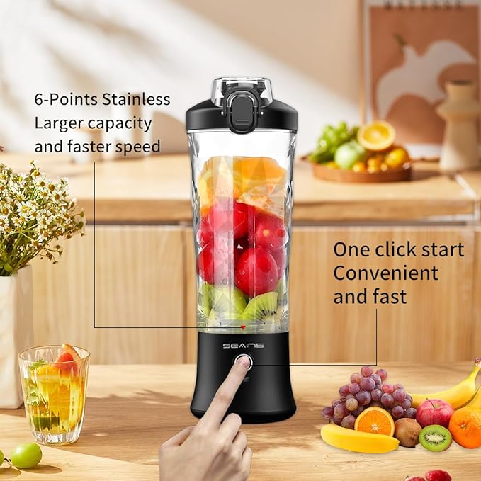 Portable Blender with 20 Oz Travel Cup, 6 Blades, USB Rechargeable for Shakes, Smoothies, Gym, Kitchen and Outdoors (Black)