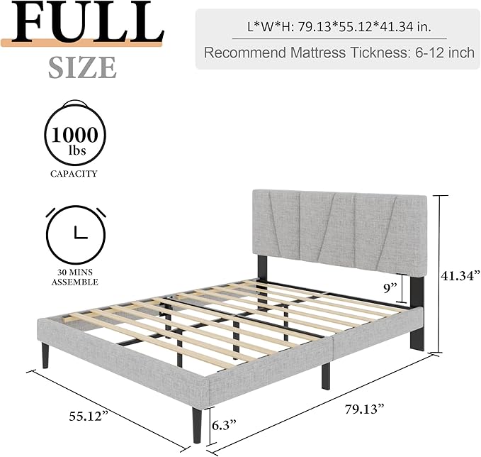 Full Size Platform Bed Frame with Upholstered Headboard, Wooden Slats Support, Noise Free, No Box Spring Needed, Easy Assembly, Light Grey, Linen