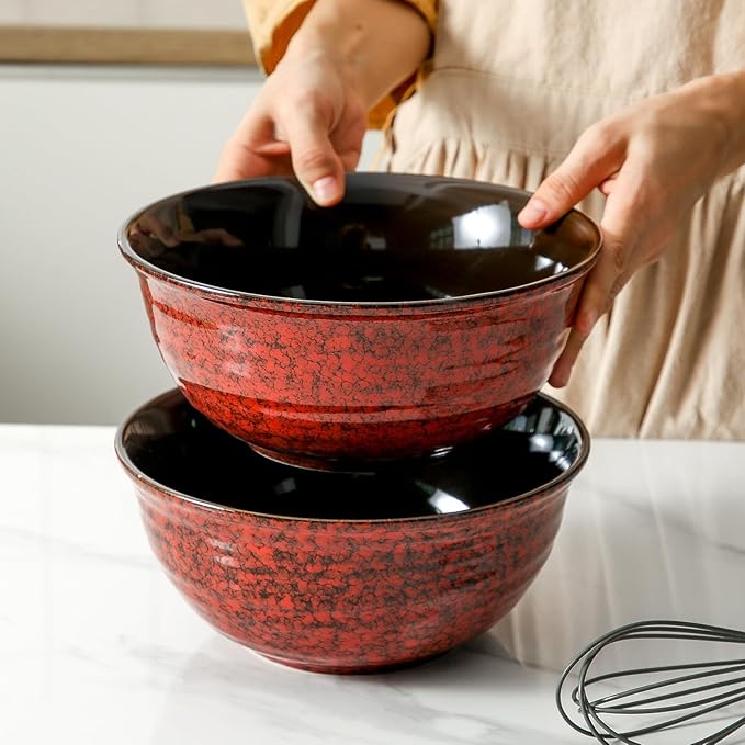 Hasense Ceramic Salad Bowl, 60 Ounces Large Serving Bowls, 8.5 Inch Soup Bowls Set of 2, Pasta Bowls for Ramen, Pho, Fruit, Housewarming, Wedding Gifts, Microwave Dishwasher Safe, Red