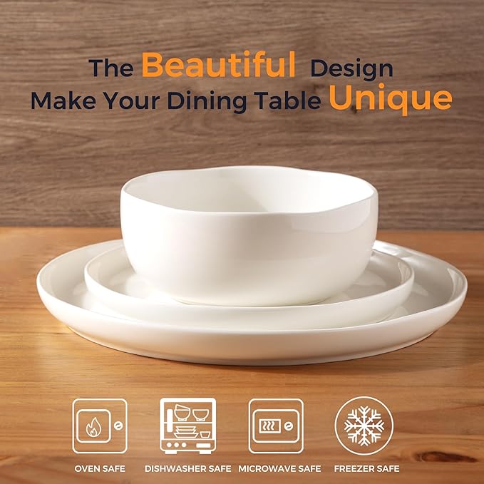 LERATIO Ceramic Dinnerware Sets for 6,Plates and Bowls Sets,Handmade Reactive Glaze Dishes Set,Chip Resistant and Scratch Resistant | Oven&Dishwasher & Microwave Safe- White &Wave(18PCS)