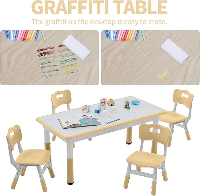 Toddler Table and Chairs Set for 4, 47.2''L x 23.6''W Kids Study Table and Chair Set, Height-Adjustable, Graffiti Desktop, Children Activity Table for Daycare, Classroom, Home