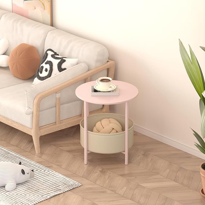 Round End Table with Fabric Basket, Bedside Table with Storage, Morden Round Nightstand, Samll Side Table for Living Room，Bathroom，Bedroom, Nursery, Laundry, Pink