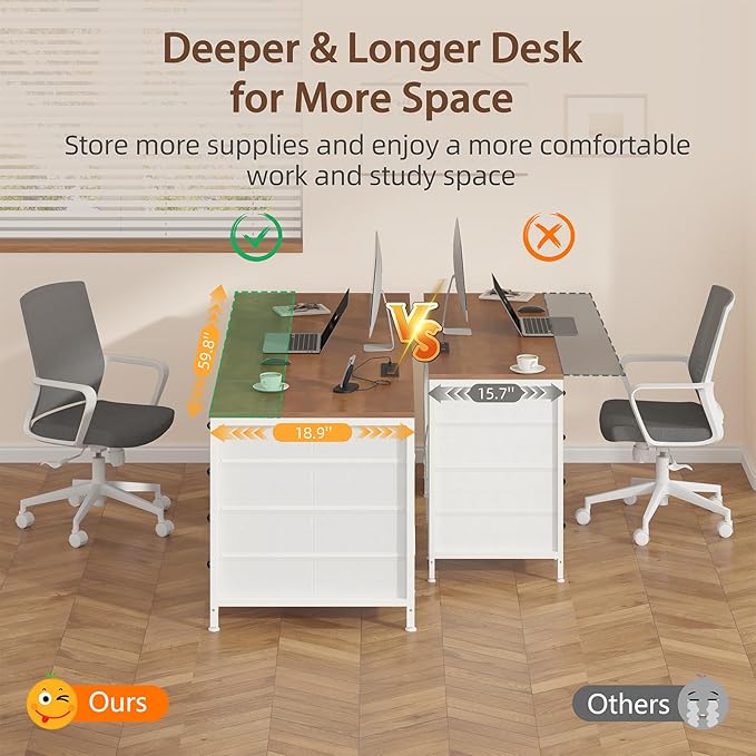 60 Inch Computer Desk with 8 Drawers, Home Office Desk with Power Outlets, Work Study Gaming Desk with 8 Fabric Drawers, Brown and White