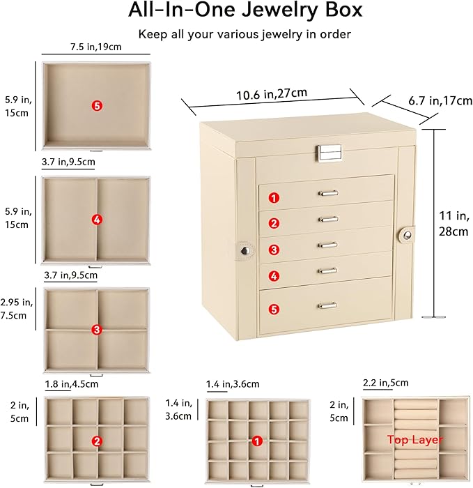Frebeauty Large Jewelry Box,6-Tier PU Leather Jewelry Organizer,Multi-functional Storage Case with Mirror,Accessories Holder with 5 Drawers for Necklace Bracelets Watches(Beige)