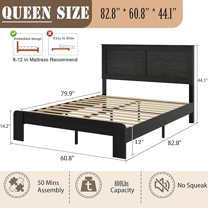 Wooden Bed Frame Queen Size with Headboard, Farmhouse Platform Bedframe with Wood Slat Support, Sturdy Framework Bed Frame, Easy Assembly (Rustic Black)