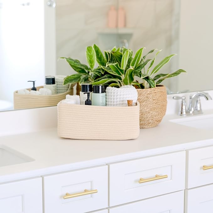 NaturalCozy 13.5”x8.5”x5.5” Storage Baskets for Shelves 3 Pack | Cotton Rope Woven Small Baskets for Organizing | Small Storage Bins for Nursery, Bathroom, Closet, Cube Shelf, Decorative, Gift