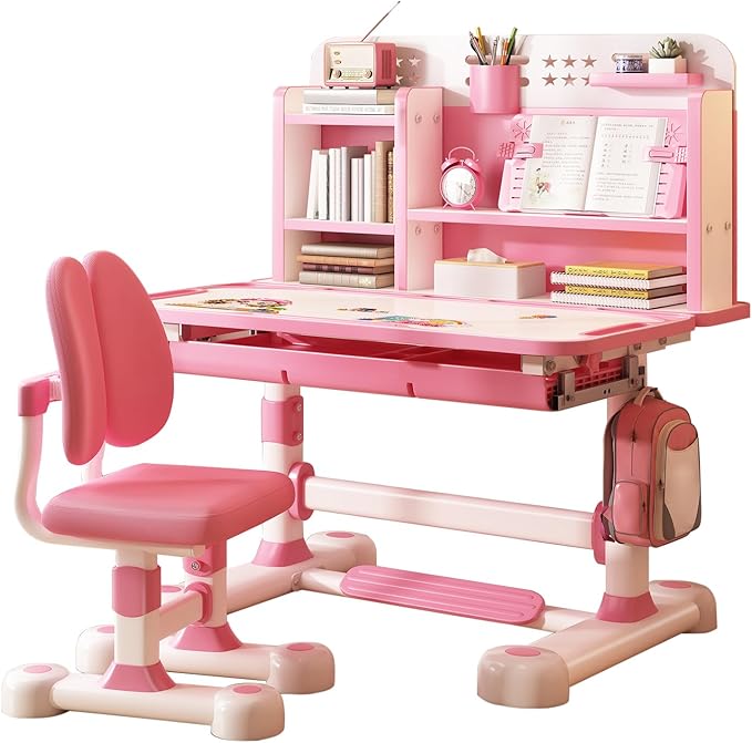 Kids Functional Desk and Chair Set, Study Desk for Children with Chair, Kids Desk and Chair Set,Height Adjustable Children School Study Desk with Storage Drawer for Boys Girls (Pink C)