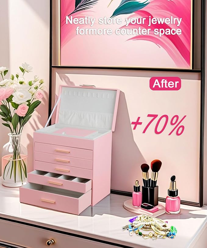 BOOVO Jewelry Box with Necklace Hanger – 6 layer Jewelry Organizer for Women with 5 Drawers, Large Jewelry Storage Boxes –Jewelry Organizers and Storage for Earrings, Necklaces (Pink, 6 layer)