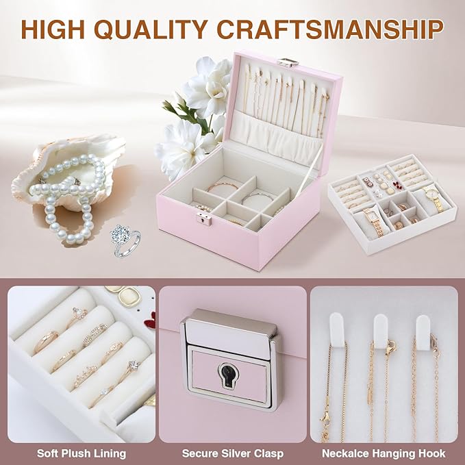 Jewelry Organizer Box for Girls Women,Large Genuine Leather Jewelry Organizers and Storage with Earring Holder Organizer Removable Velvet Jewelry Tray,Christmas Gifts Jewelry Box for Girls 8-12,Pink