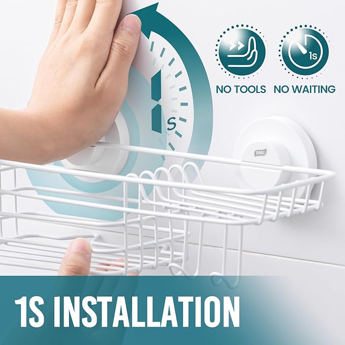 TAILI Shower Caddy Suction Cup with Hooks & Soap Holder, Heavy Duty Bathroom Shower Organizer, No Drilling Shelves for Inside Bathroom, Metal Black Storage Basket-White