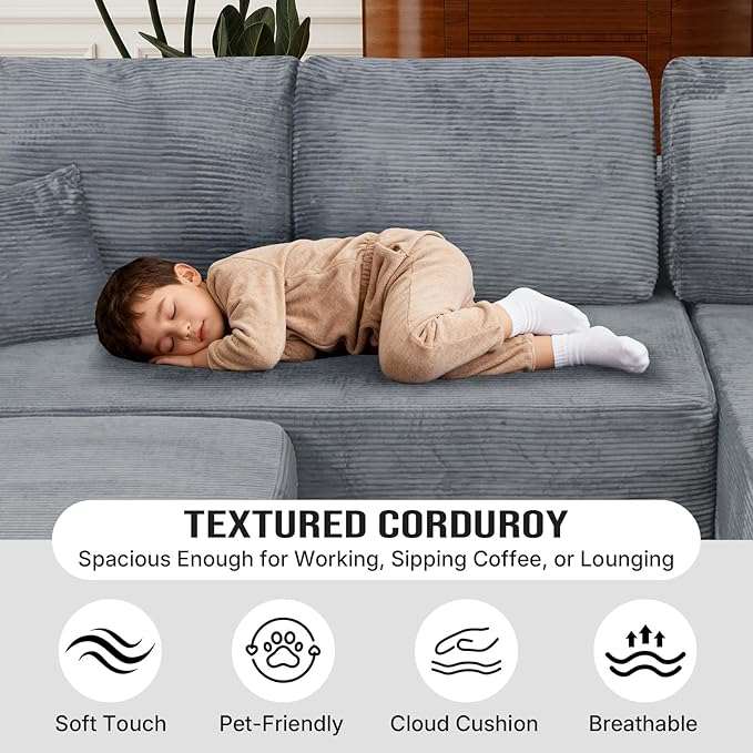 Rovibek 108” Modular Sectional Sofa with Chaise, Boneless Couches for Living Room with Deep Seat & Throw Pillow, Comfy Corduroy Fabric U Shaped Couch, No Assembly Required, Grey