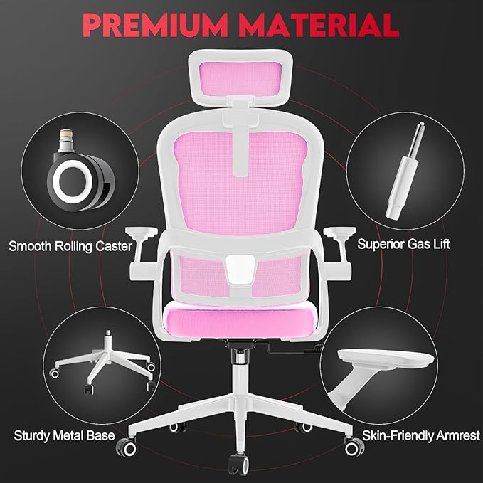 Ergonomic Office Chair - 400LB Comfy Desk Chairs with Headrest and Back Support, Heavy Duty Mesh Computer Chairs with Wheels and Arms for Home Office, Study, Bedroom and Dorm (04Pink)