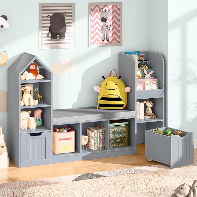 Kids Bookcase and Bookshelf with Reading Nook, Toy Storage Organizer for Kids, Grey Bookcase with 7 Storage Cubbies 2 Movable Drawers and Seat Cushion for Kids Room, Playroom, Bedroom