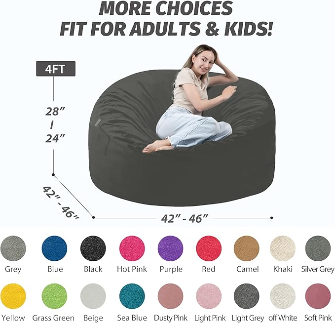 4FT Bean Bag Chair with Ultra Soft Velvet Cover Bean Bag Sofa with Memory Foam Bean Bag Chairs with Large Size Lazy Sofa for Dorm Office Living Room Bedroom Grey 4'