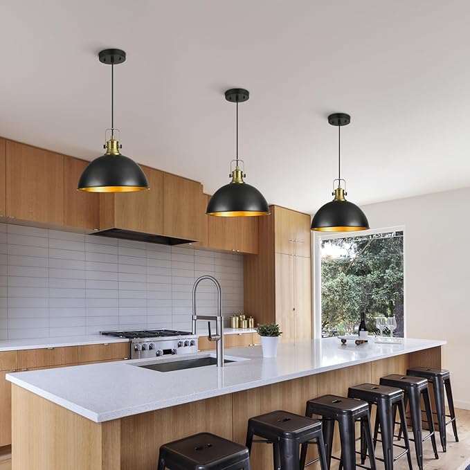 12 Inch Black Farmhouse Pendant Lights for Kitchen Island Industrial Haning Lamp Adjustable Height Vintage Dome Hanging Light Fixtures for Barn, Dining Room