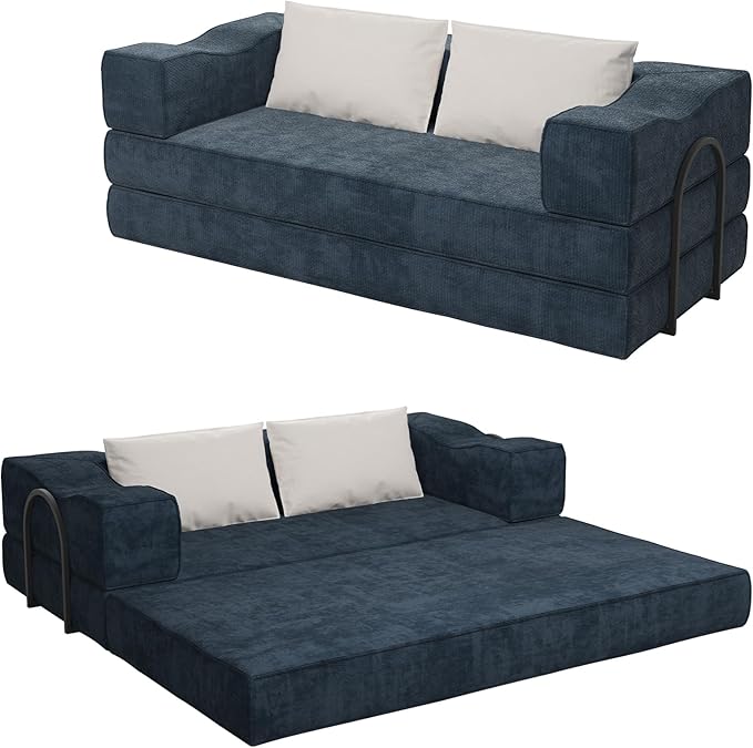 Rovibek 80-Inch 4-in-1 Boneless Sofa Bed – Corduroy Convertible Loveseat Sleeper, Fixed-Shape Frame, No Assembly Required, Space-Saving Pull-Out Futon for Living Room & Bedroom, Blue