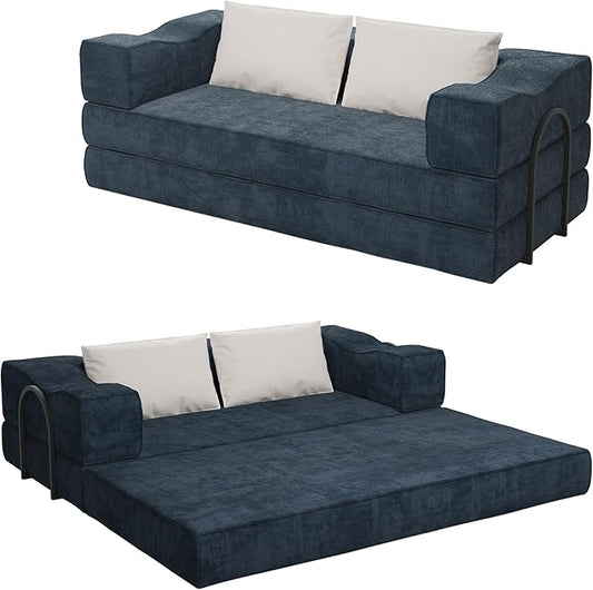 Rovibek 80-Inch 4-in-1 Boneless Sofa Bed – Corduroy Convertible Loveseat Sleeper, Fixed-Shape Frame, No Assembly Required, Space-Saving Pull-Out Futon for Living Room & Bedroom, Blue