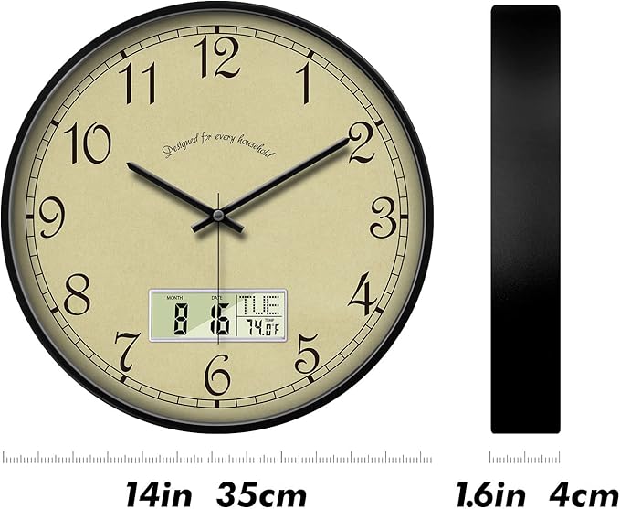 SCAOGE Retro Analog Wall Clock with Date Temperature Day Vintage Ivory Silent Battery Operated Digital Clocks with Week Large Display Clock Decorative for Living Room Kitchen Office Bathroom 14 Inch